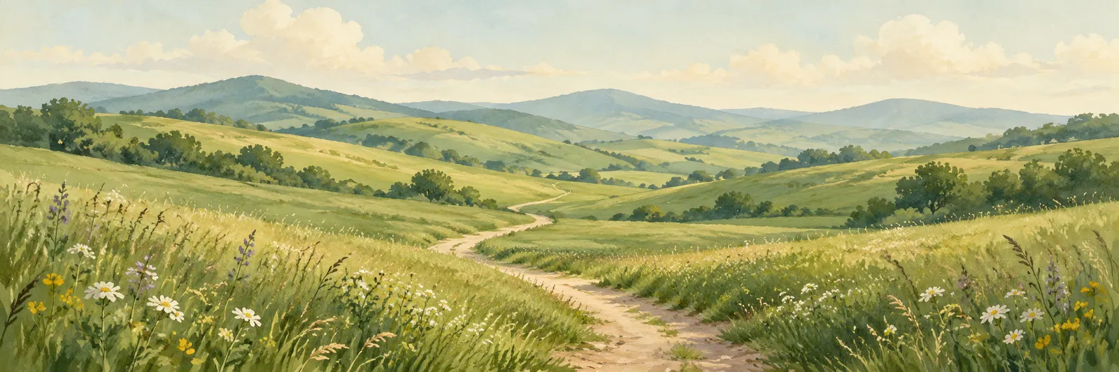 Illustration of grassland in soft sunlight and a path leading to hills