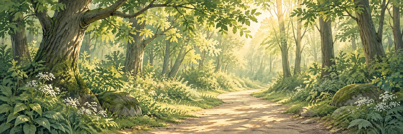 Illustration of a green forest with dappled sunlight and a path leading inward