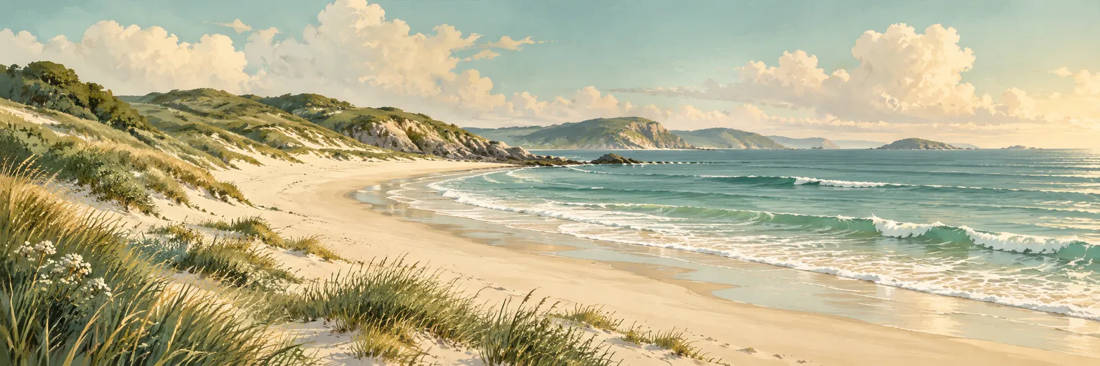 Illustration of a calm sea and beach in soft light